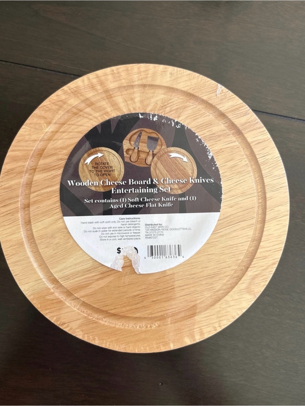 7” Round Wooden Cheese Board & Knife Set Natural Wood